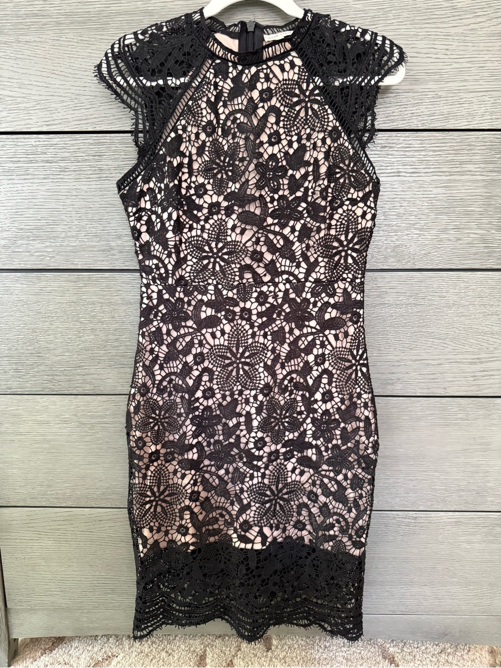 Main Strip Black Lace Midi Dress with Blush Underlay